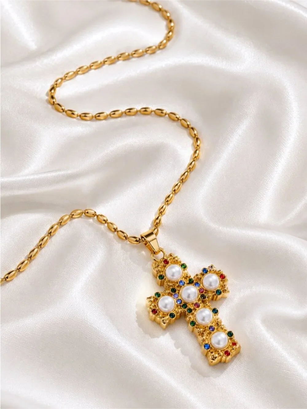 Vintage Gold tone Cross Pendant Necklace with Pearls & Multicolored Gems